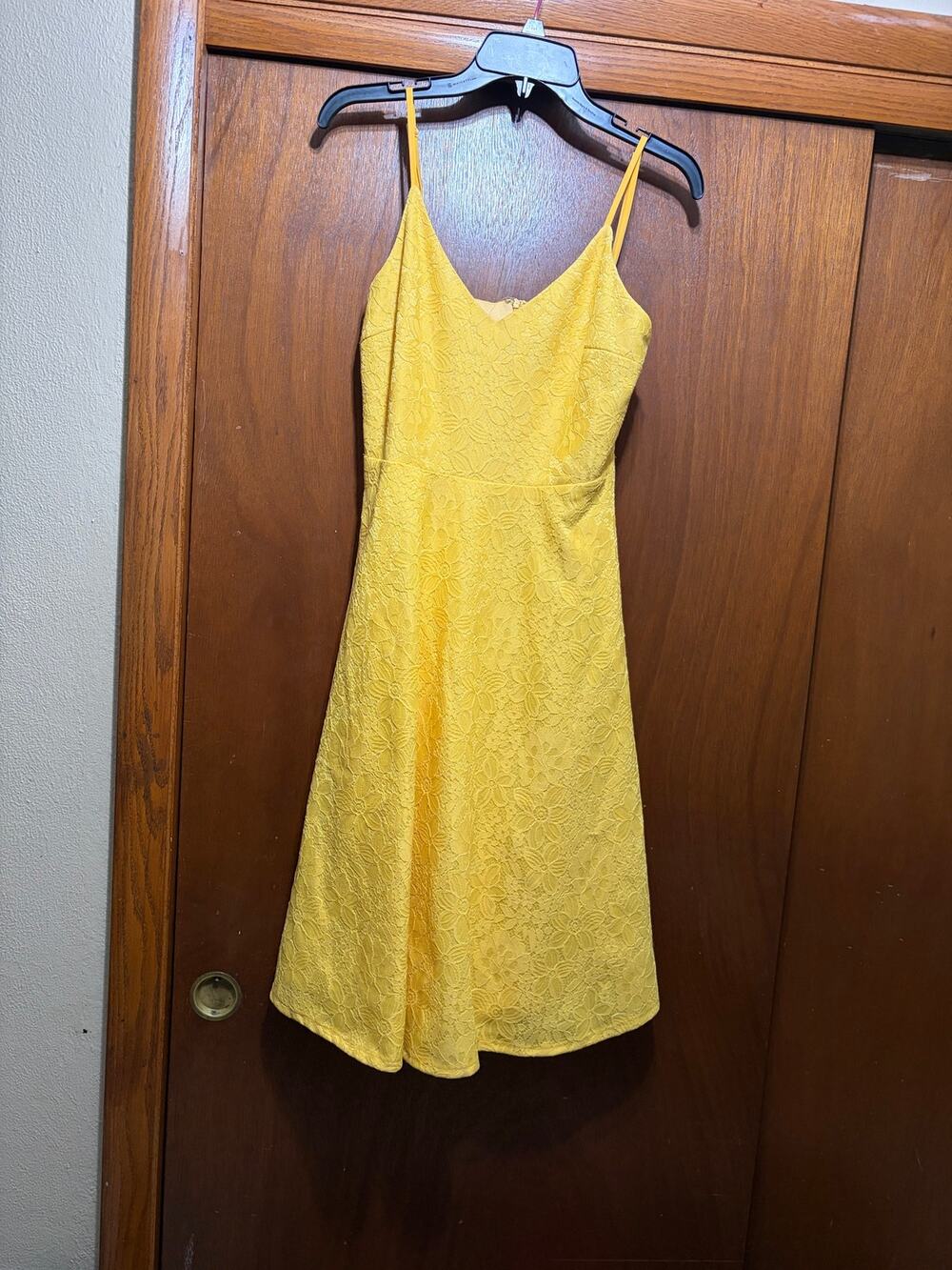 Lulus Yellow Floral Lace Mini Dress Spaghetti Strap Fit & Flare Size M